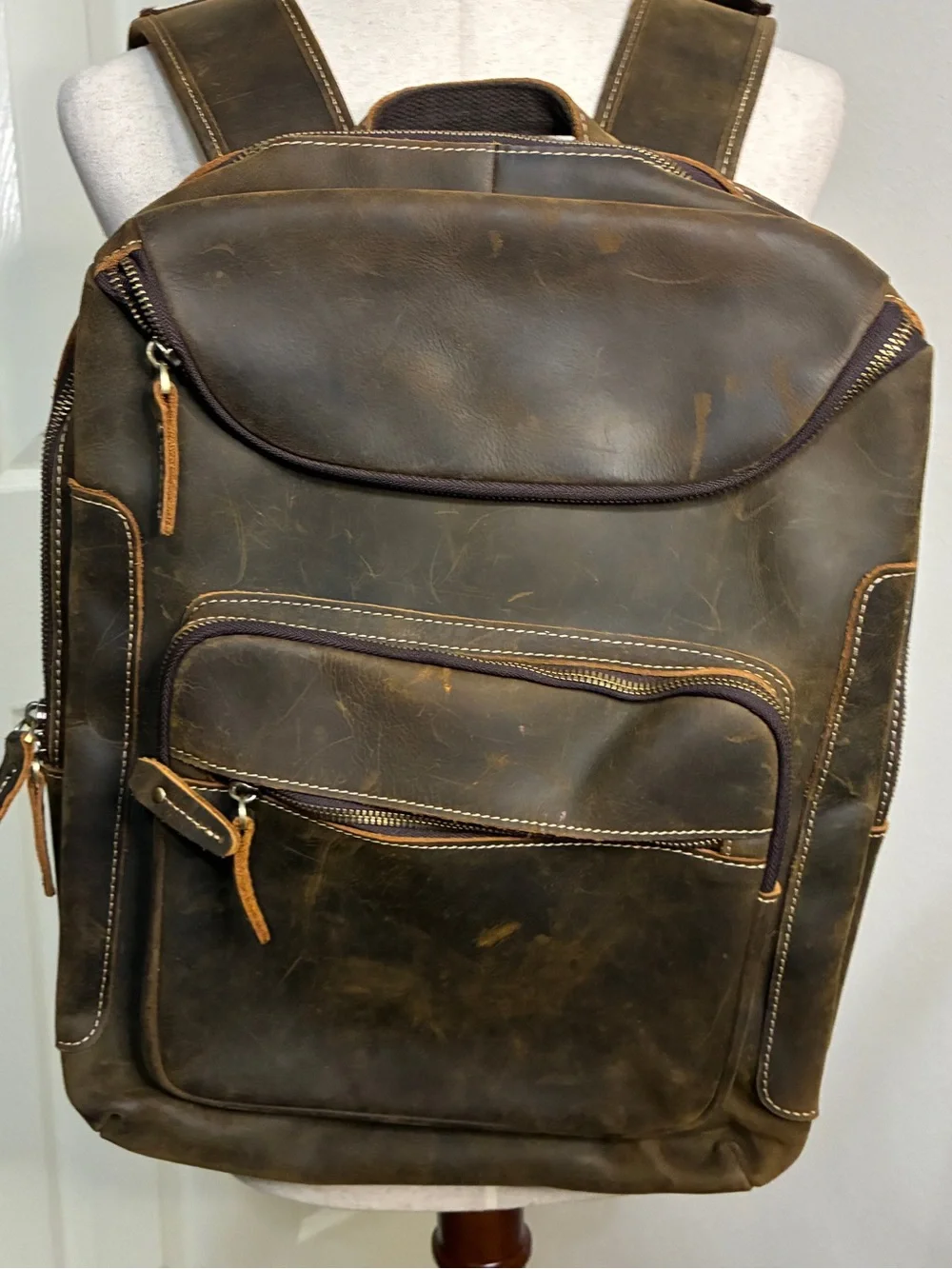 Vintage Distressed Brown Leather Backpack Full Grain Leather Adjustable Straps